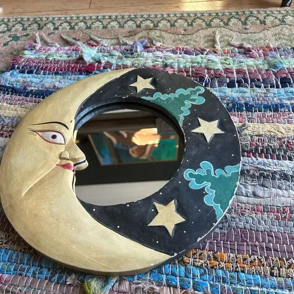 Vintage 90s 11.5" Handcarved Celestial Moon Stars Wall Mirror Indonesia Whimsy - Picture 11 of 16